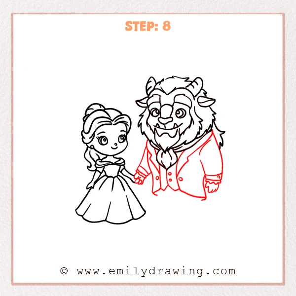 how to draw a beauty and the beast - Step 8: The Beast’s torso and hands are completed, including the hand reaching to hold Belle’s.